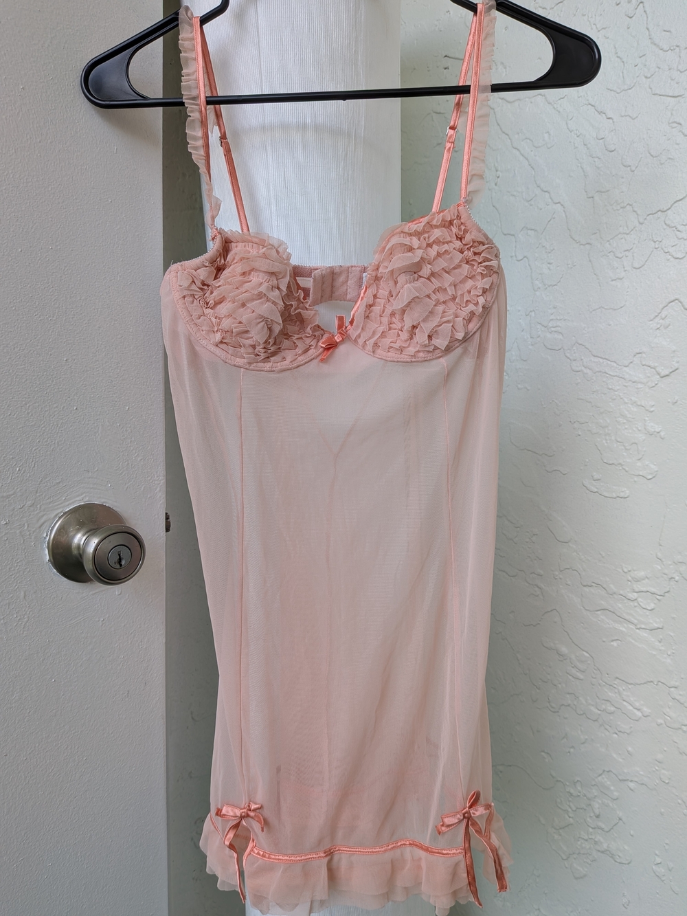 90s Frederick's of Hollywood Pale Pink Ruffled Sheer Chemise